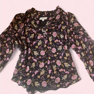 LOFT Black Floral Blouse with Pink and Green Accents